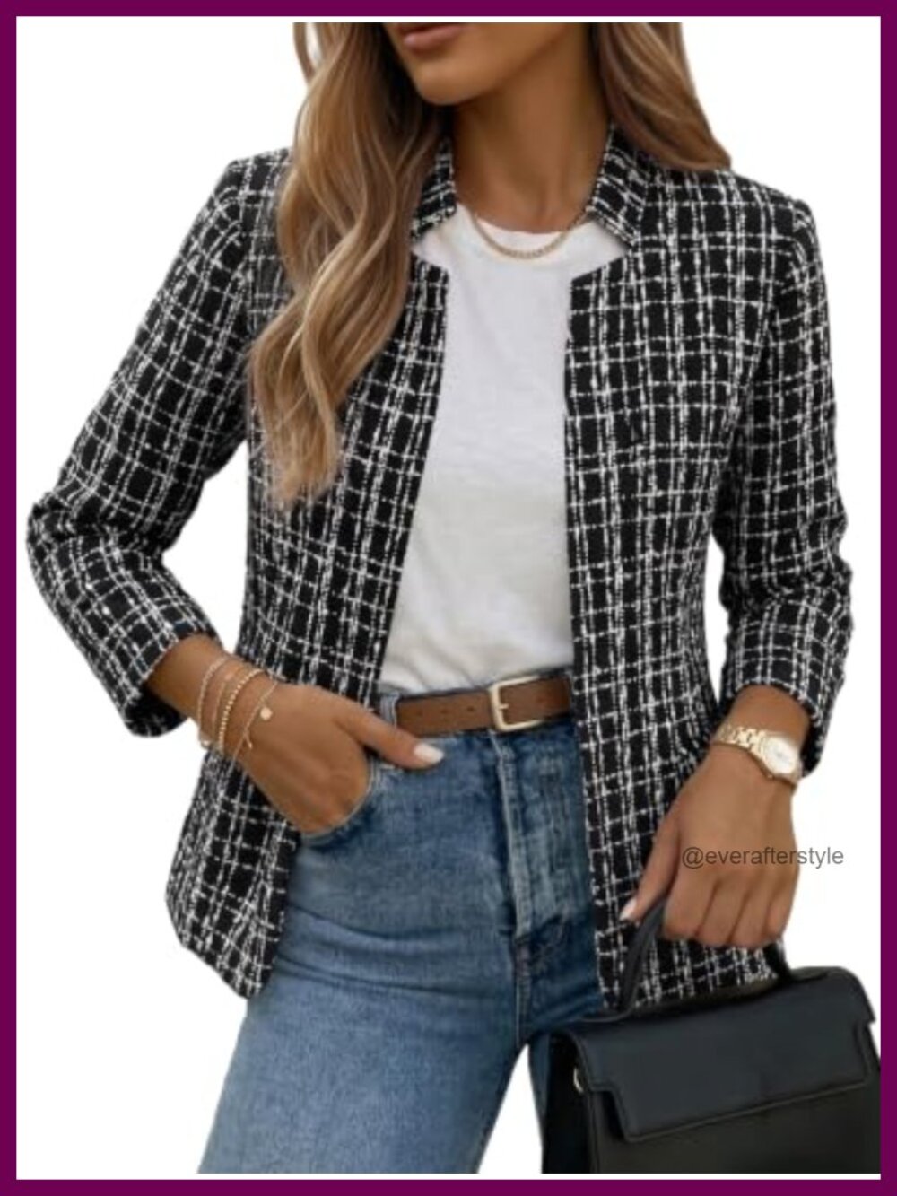 Women's Open Front Tweed Blazer Plaid Fitted Jacket Business Casual